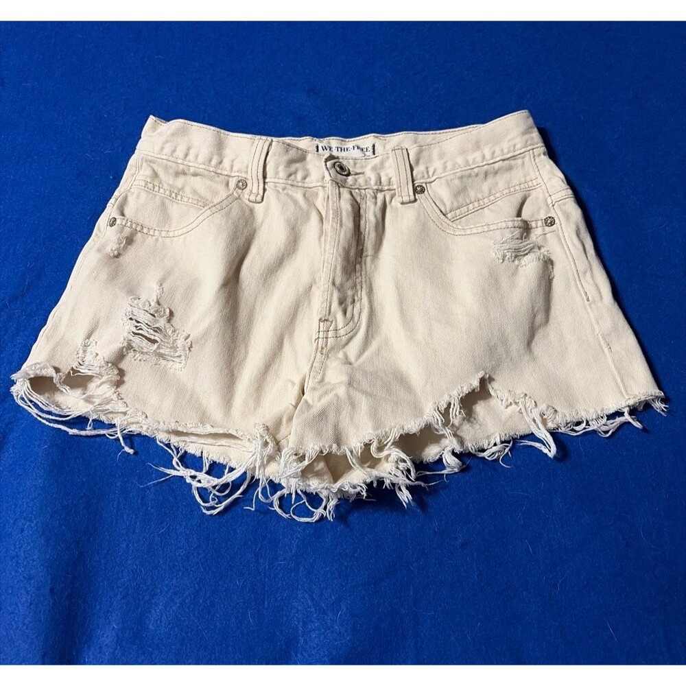 Free People We The Free Women’s 28 Cream Distressed Frayed Denim Shorts